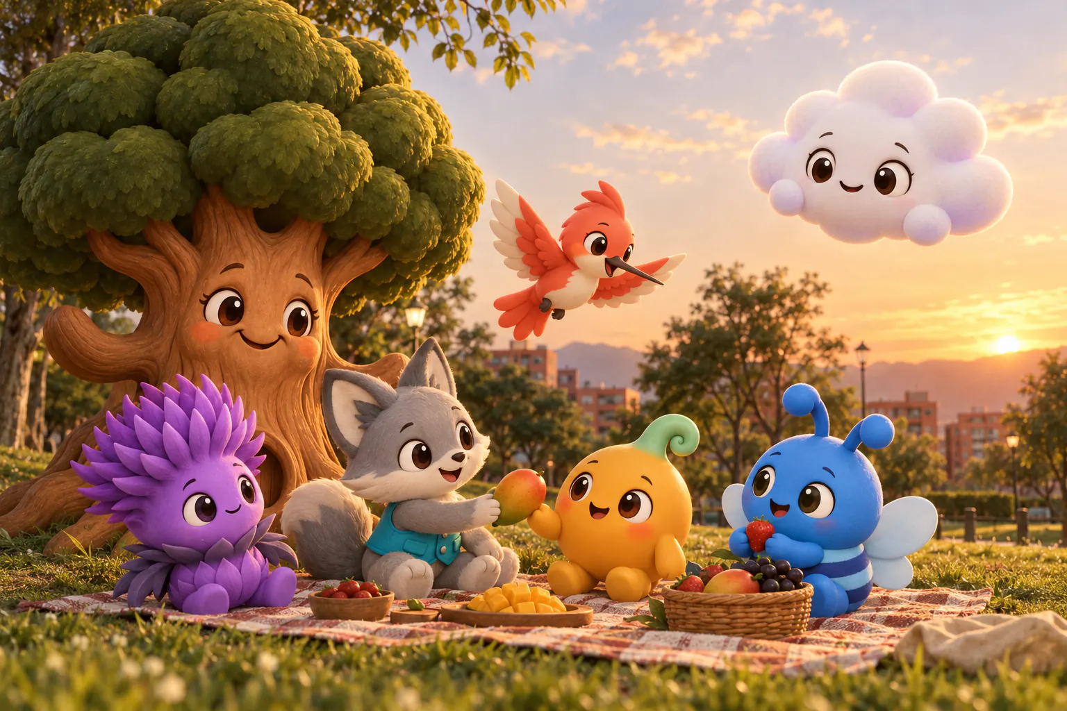 Los personajes de Valoria Kids comparten un picnic en un parque al atardecer.
