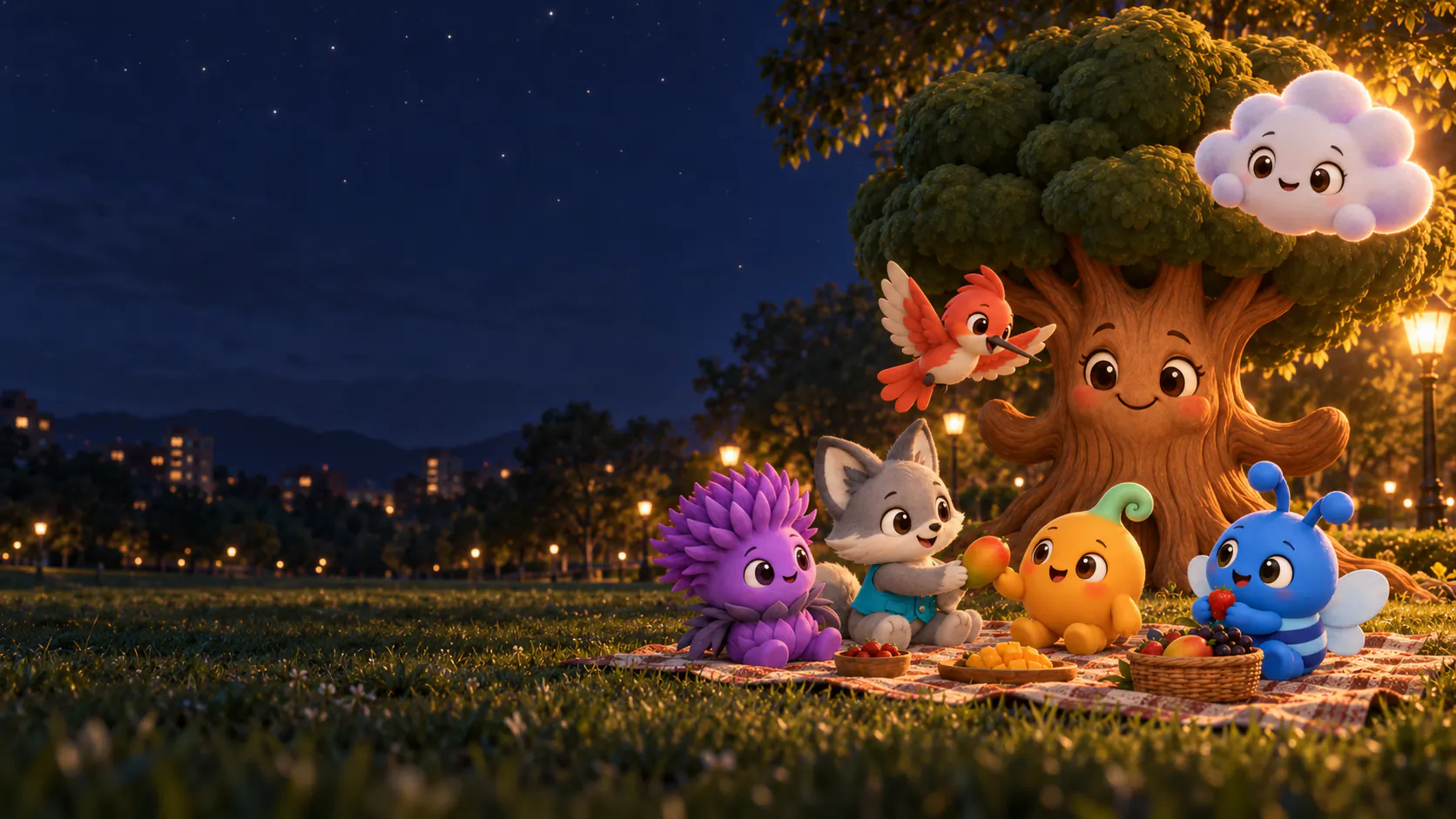 Los personajes de Valoria Kids comparten un picnic en un parque de noche.